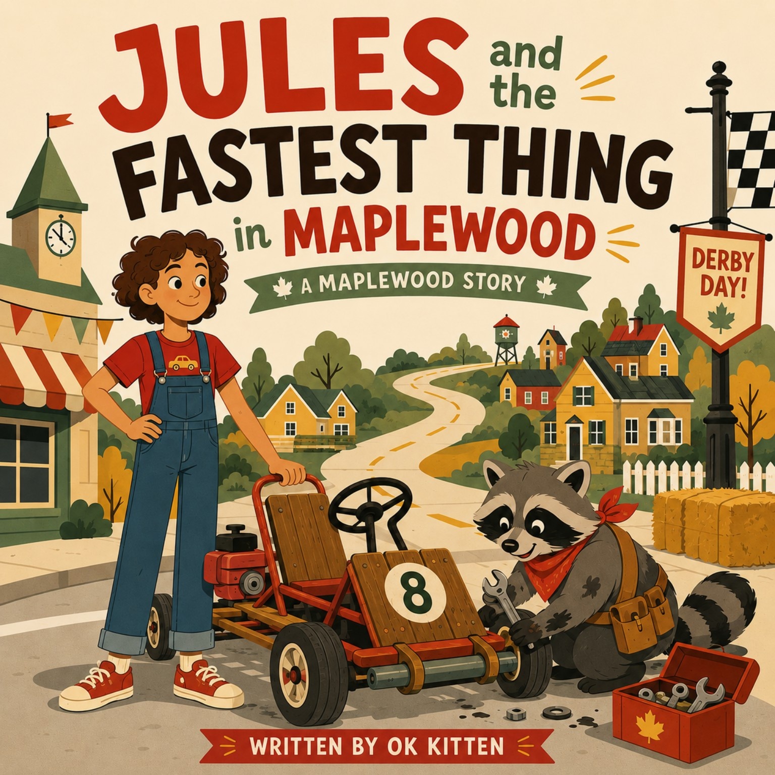 Cover of Jules and the Fastest Thing in Maplewood, showing a girl in overalls standing beside a go-kart while a raccoon mechanic works on it