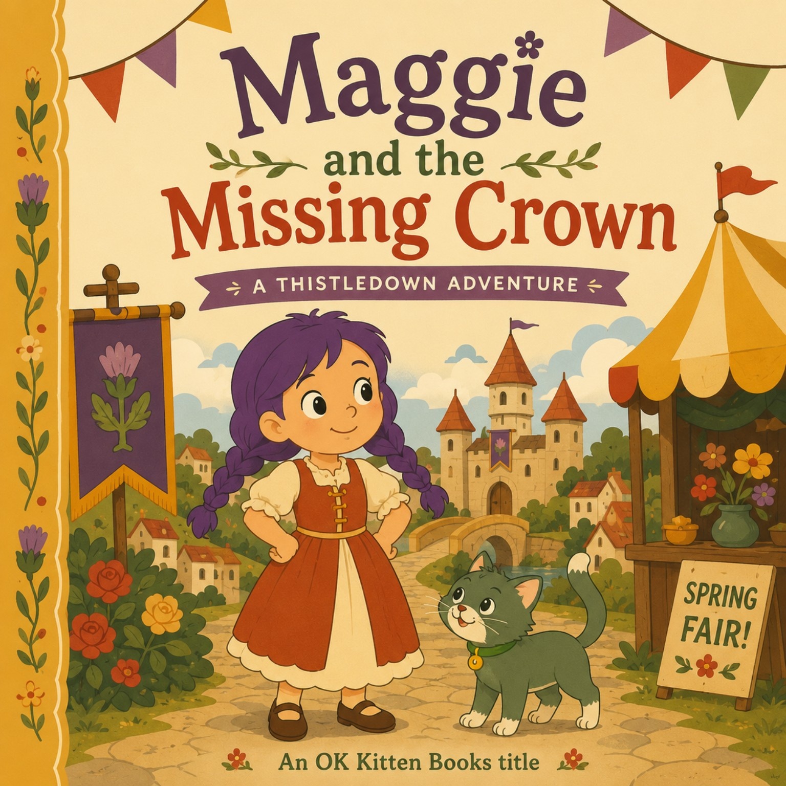 Cover of Maggie and the Missing Crown, showing a girl with purple braids beside a grey cat in front of a castle during a spring fair