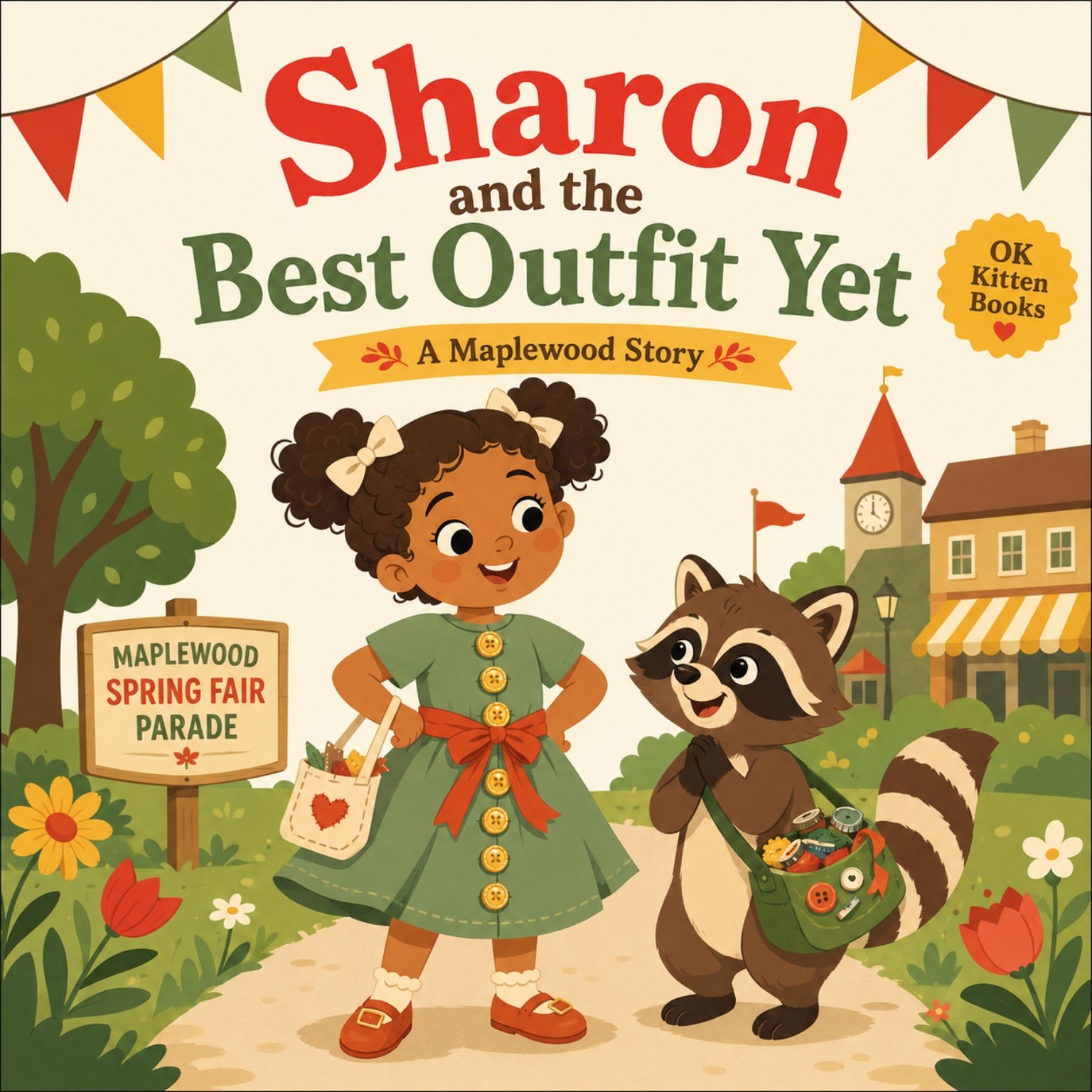 Cover of Sharon and the Best Outfit Yet, showing a girl in a green button dress standing with a raccoon beside a Maplewood Spring Fair Parade sign