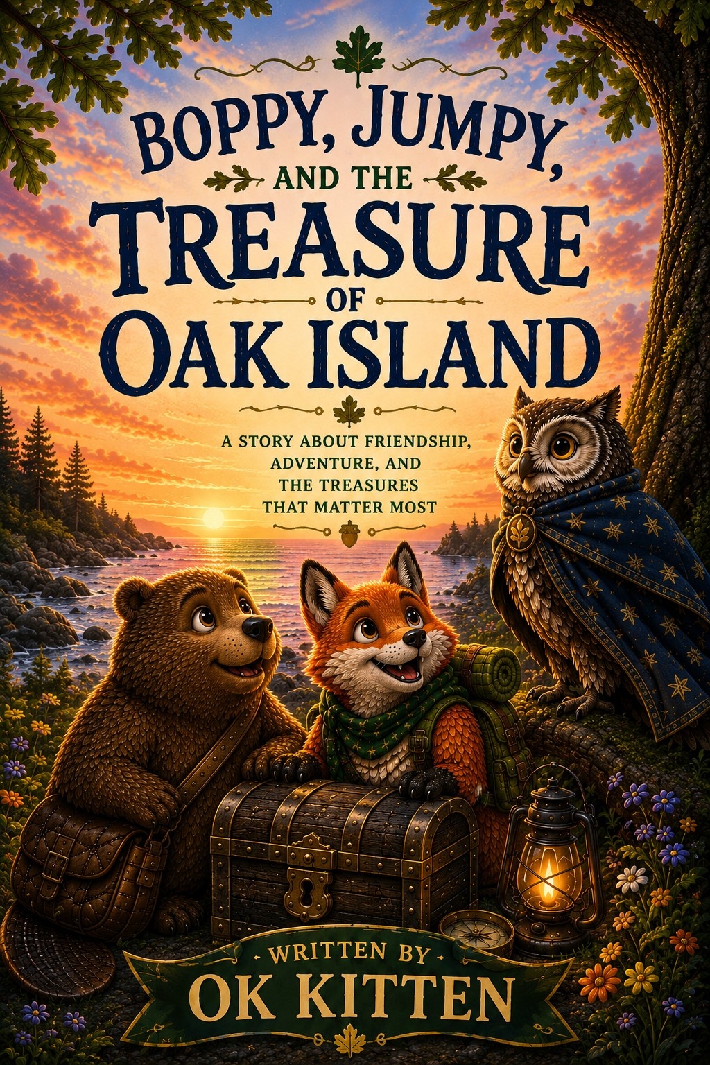 Cover of Boppy, Jumpy, and the Treasure of Oak Island, showing a bear, a fox, and an owl beside an open treasure chest near a lighthouse at sunset