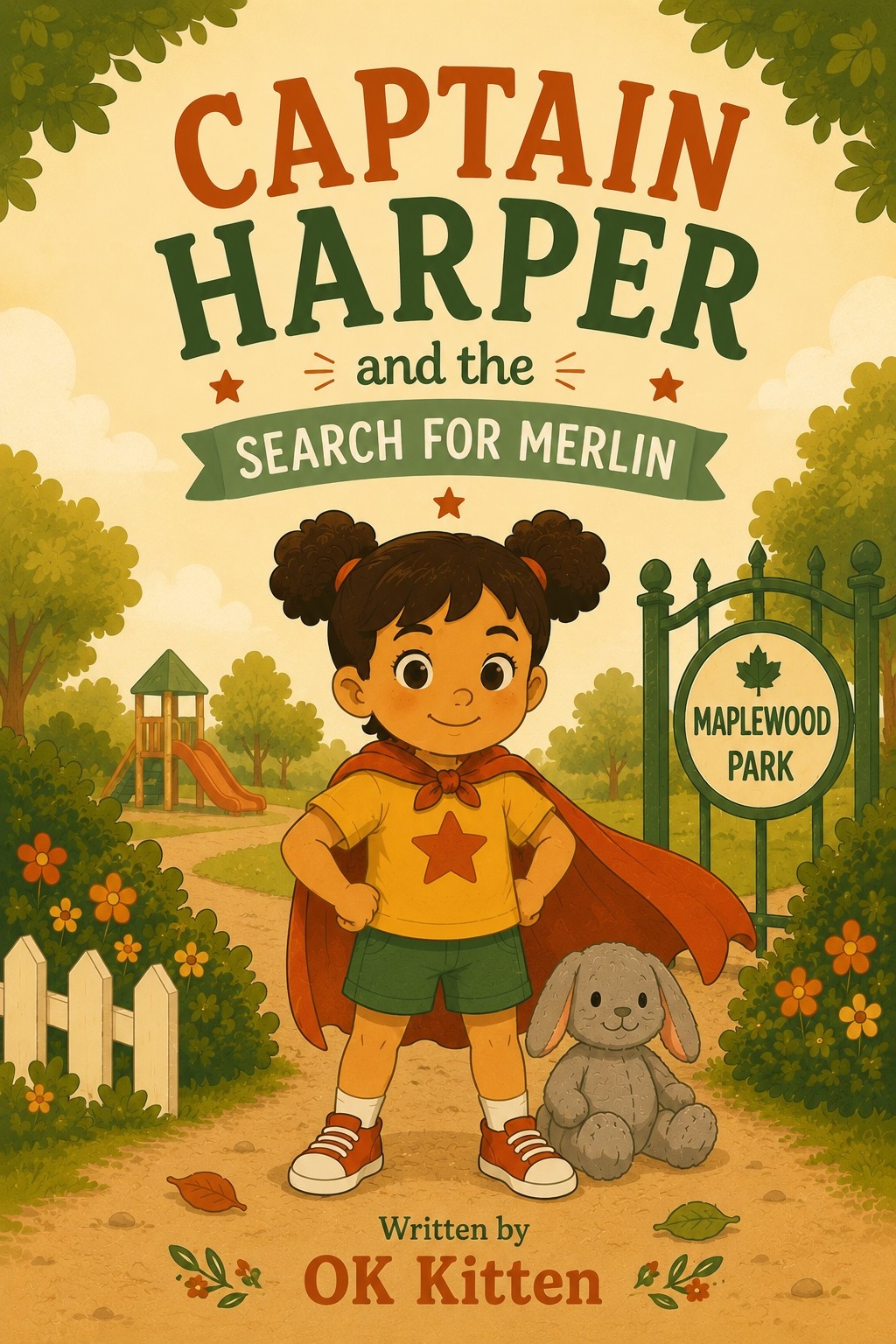 Cover of Captain Harper and the Search for Merlin, showing a girl in a superhero cape standing beside a stuffed grey bunny near a park entrance