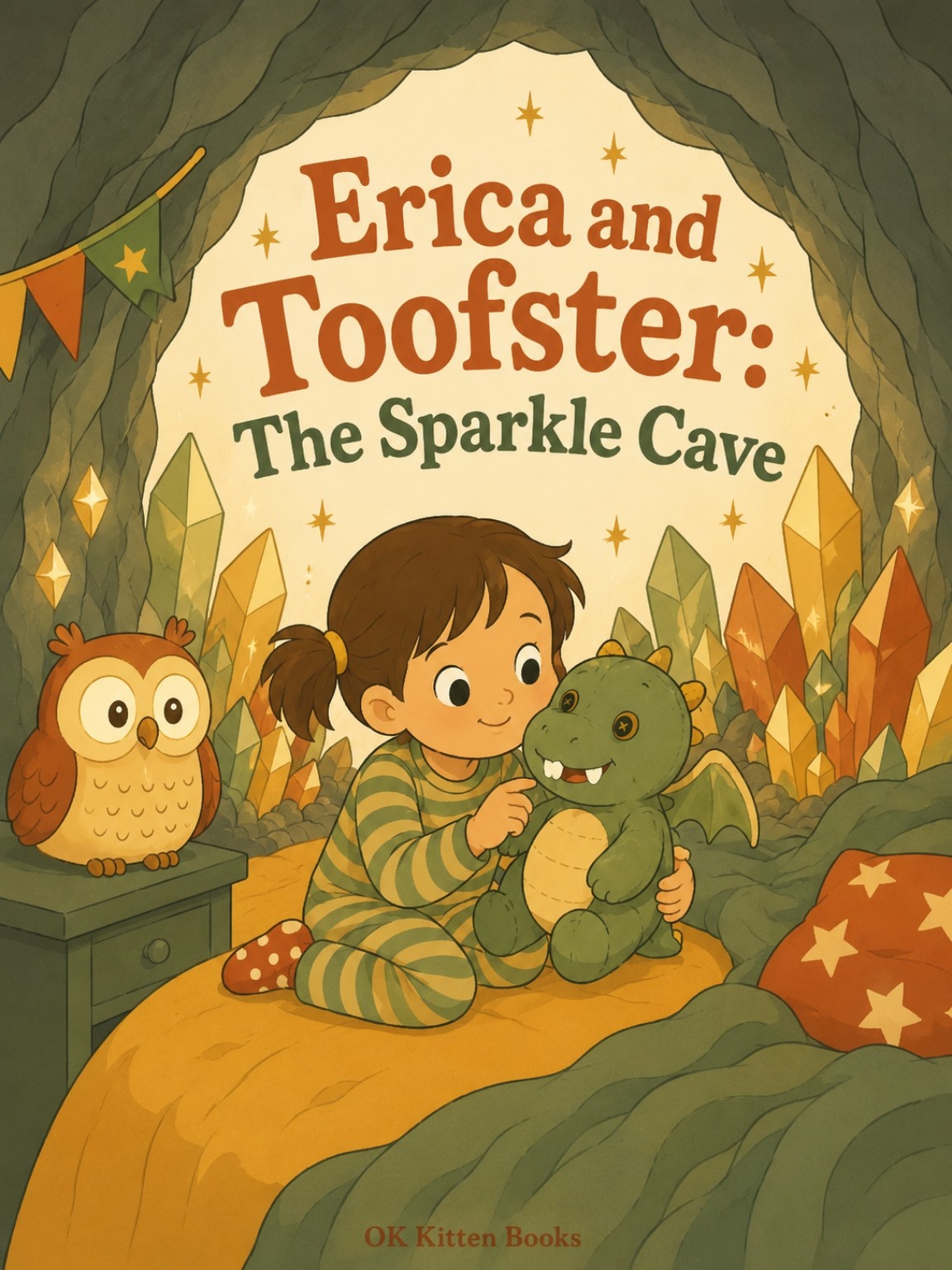 Cover of Erica and Toofster: The Sparkle Cave, showing a girl in striped pyjamas holding a stuffed dragon inside a glowing crystal cave