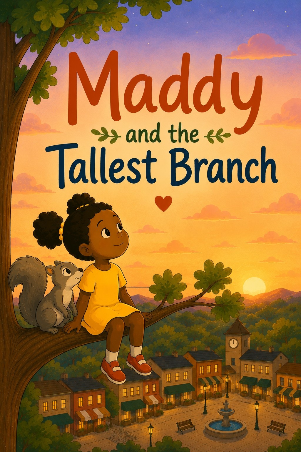 Cover of Maddy and the Tallest Branch, showing a girl sitting on a tree branch beside a squirrel, looking out over a town square at sunset