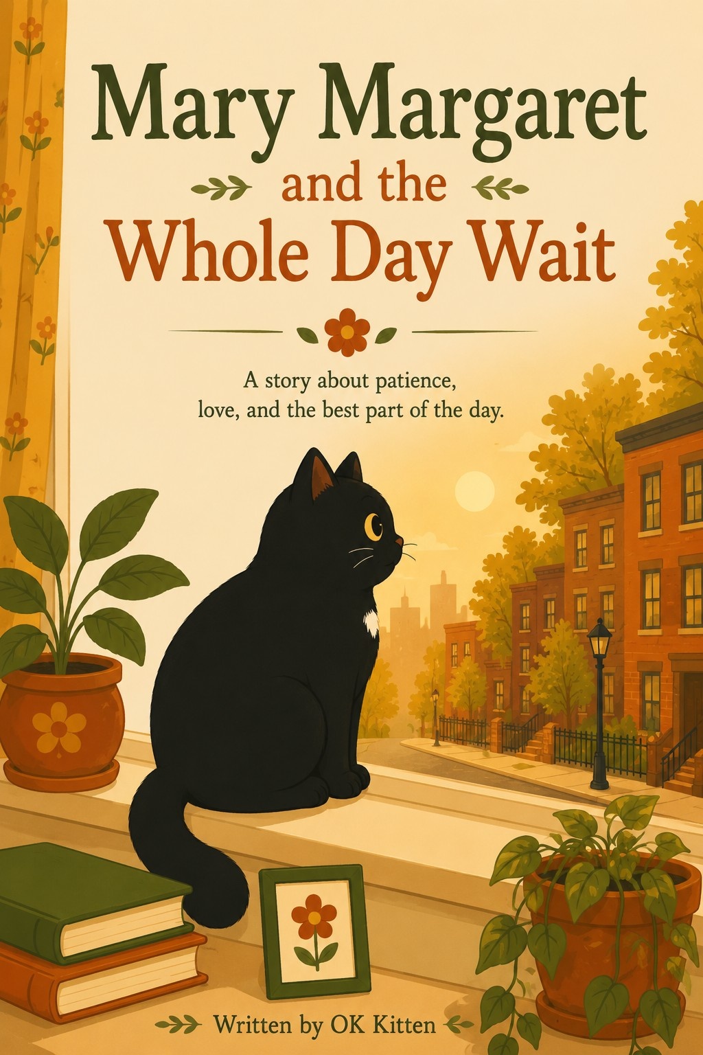 Cover of Mary Margaret and the Whole Day Wait, showing a black cat sitting on a windowsill looking out at a golden street scene