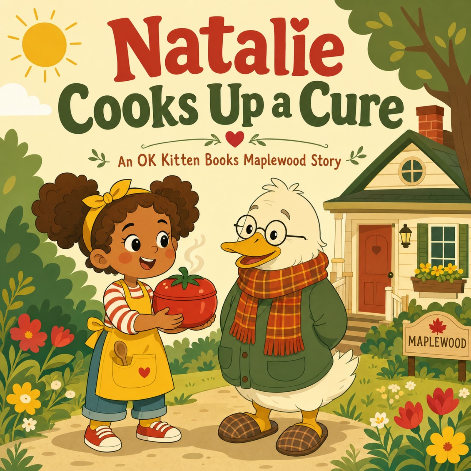 Cover of Natalie Cooks Up a Cure, showing a girl in a yellow apron holding a steaming soup pot while a duck in a scarf looks on beside a Maplewood sign
