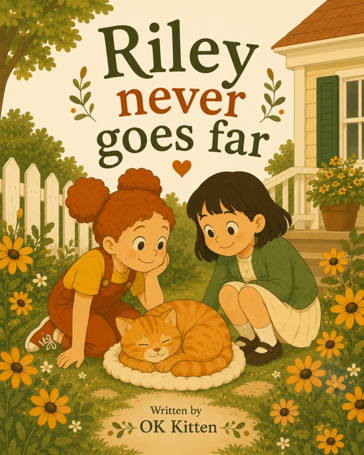 Cover of Riley Never Goes Far, showing two girls kneeling beside a sleeping orange cat on a cushion in a flower garden