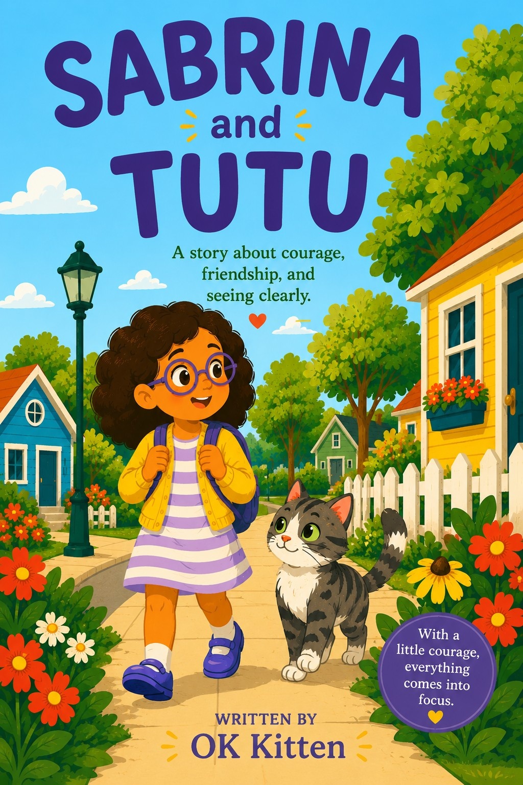 Cover of Sabrina and TuTu, showing a girl in glasses with a backpack walking down a sidewalk beside a grey and white striped cat, past colourful houses and flowers