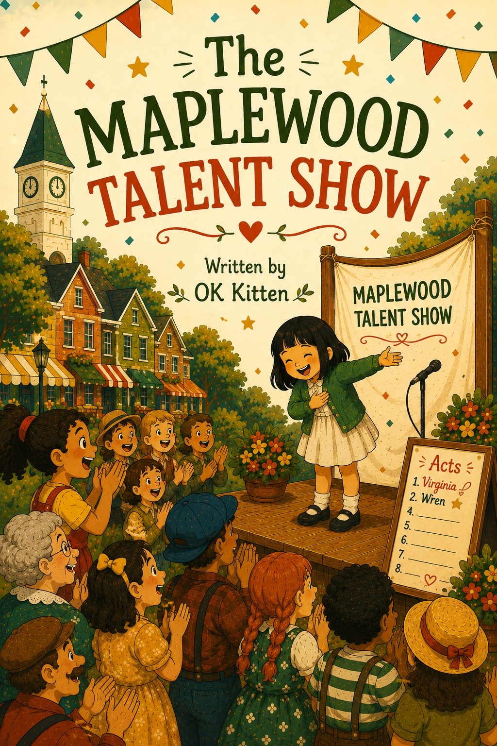 Cover of The Maplewood Talent Show, showing a girl performing on stage before a cheering crowd in a town square