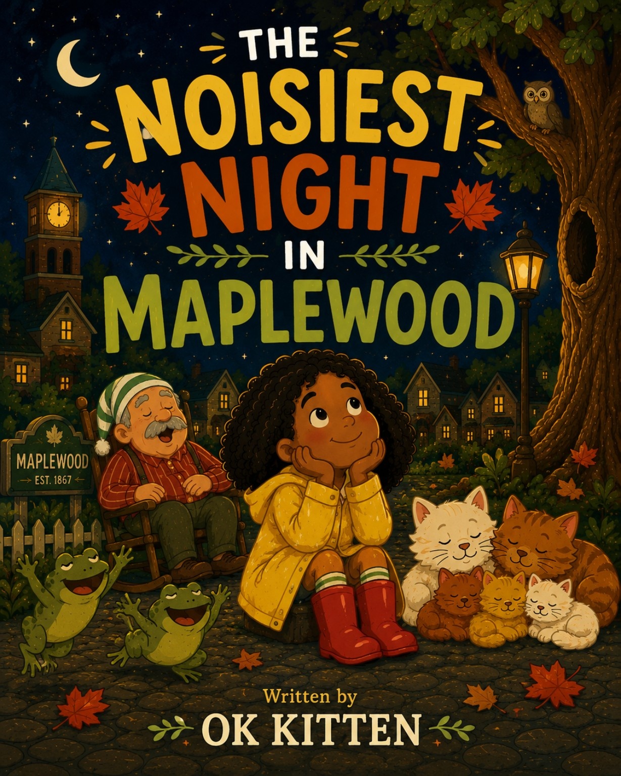 Cover of The Noisiest Night in Maplewood, showing a girl in rain boots sitting near sleeping cats, frogs, and an elderly man on a porch at night