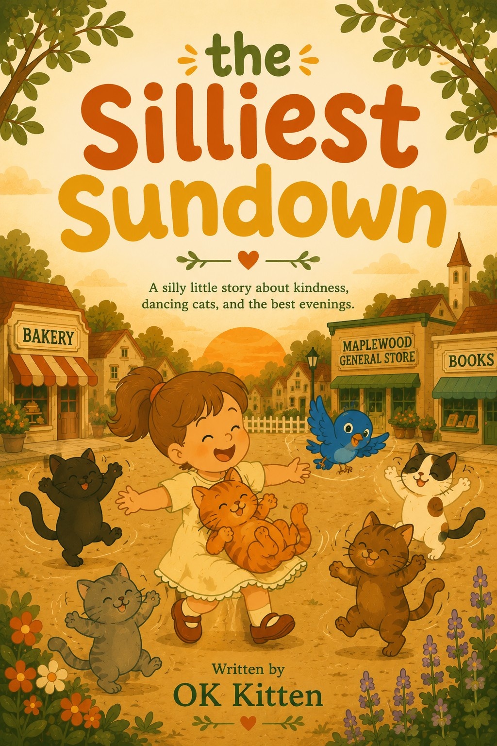 Cover of The Silliest Sundown, showing a girl dancing with playful cats and a bluebird on a village street near a bakery and bookshop