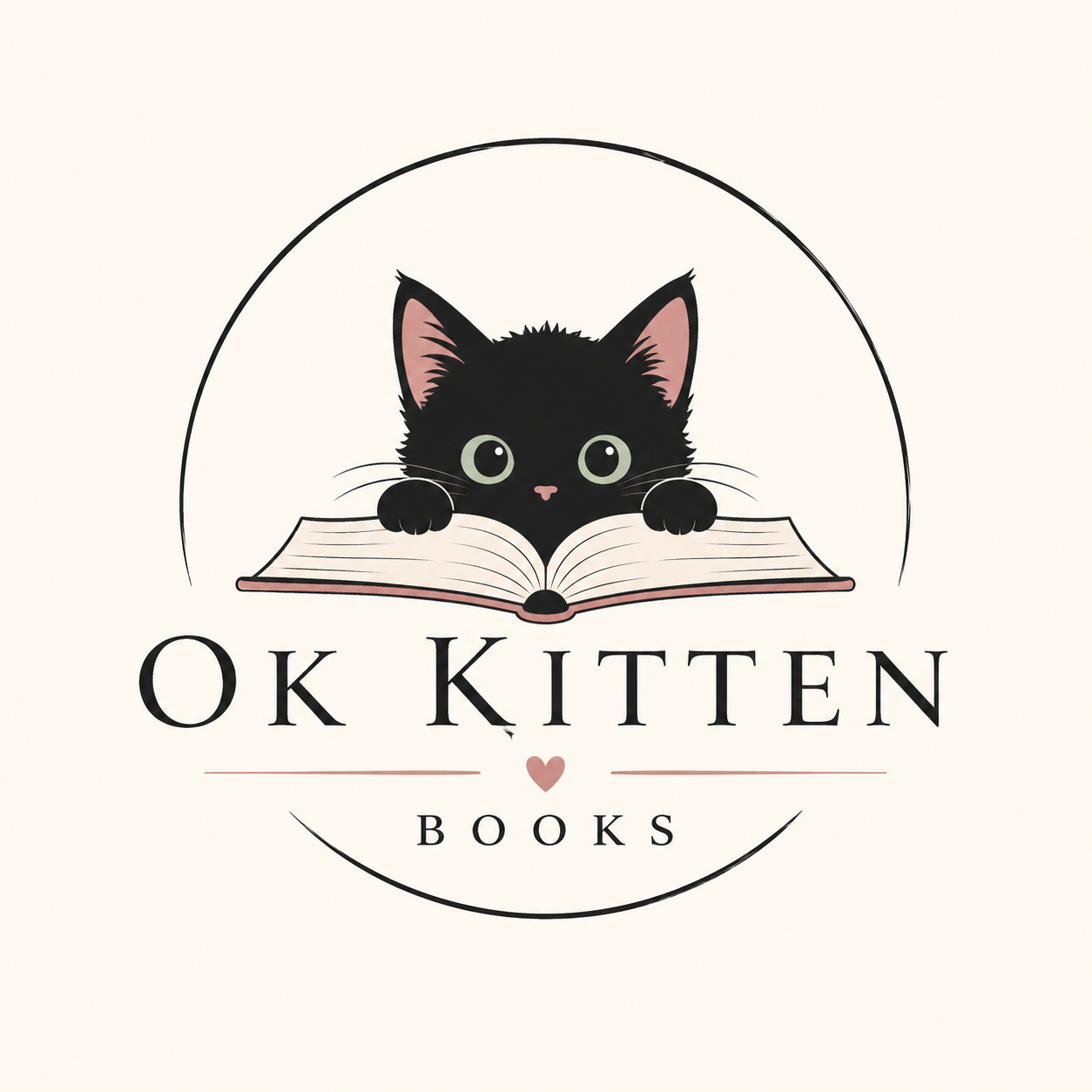 OK Kitten Books logo, an illustrated black kitten peeking over an open book